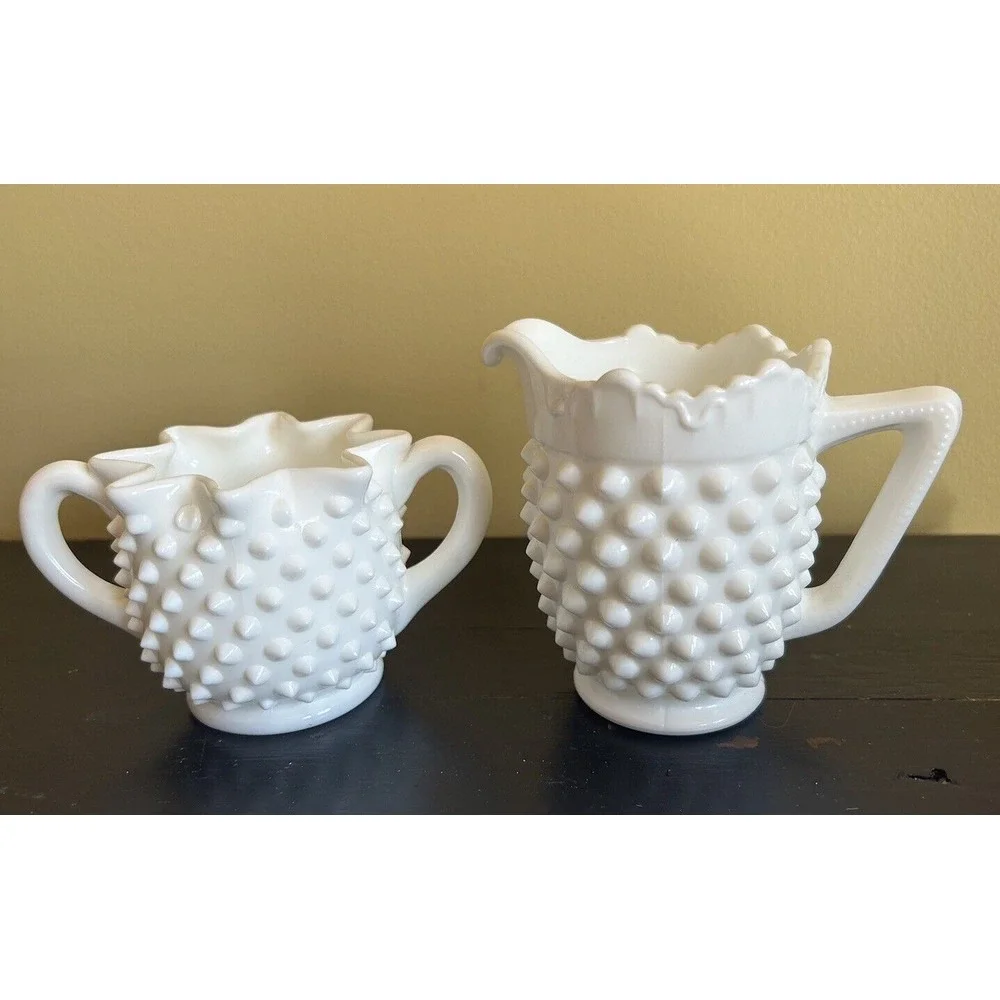 Vintage Fenton Milk Glass Hobnail Star Shaped Creamer and Sugar Bowl‎